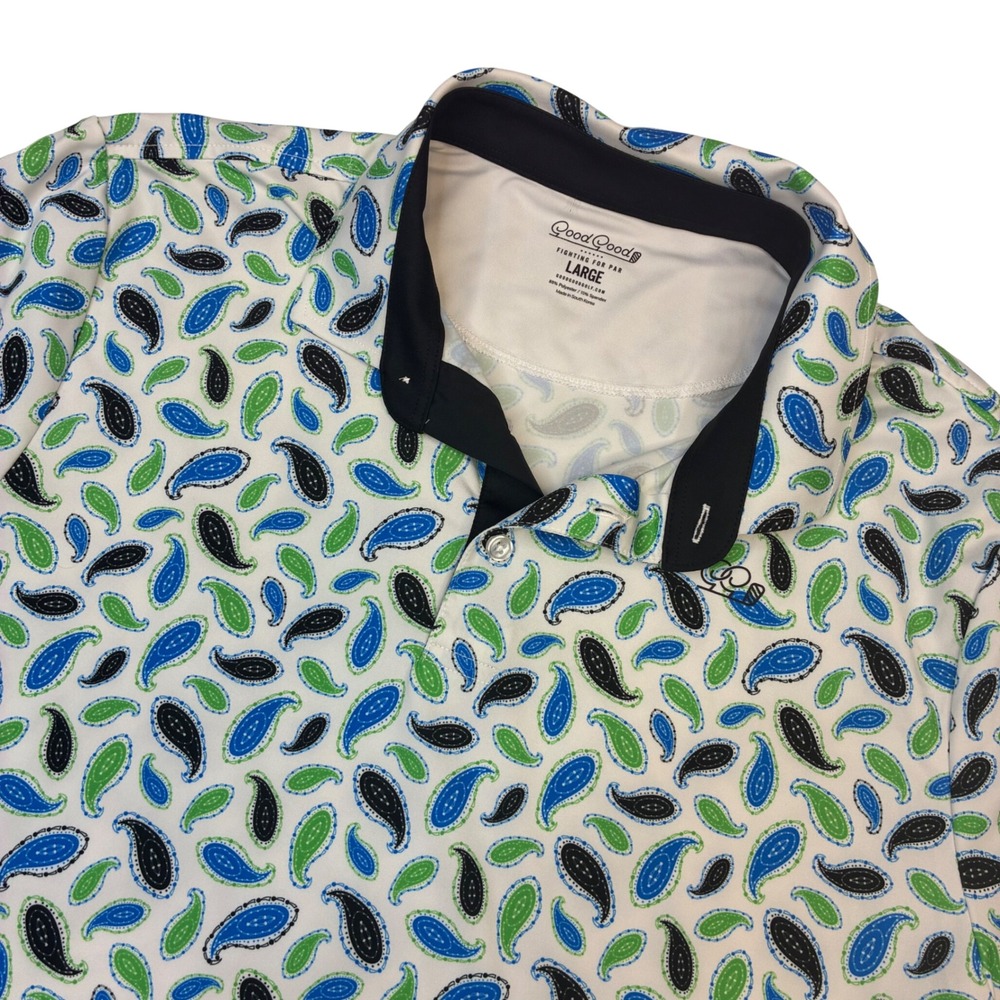Good Good Golf Polo Men Large White Blue Green Paisley Performance Shirt Stretch